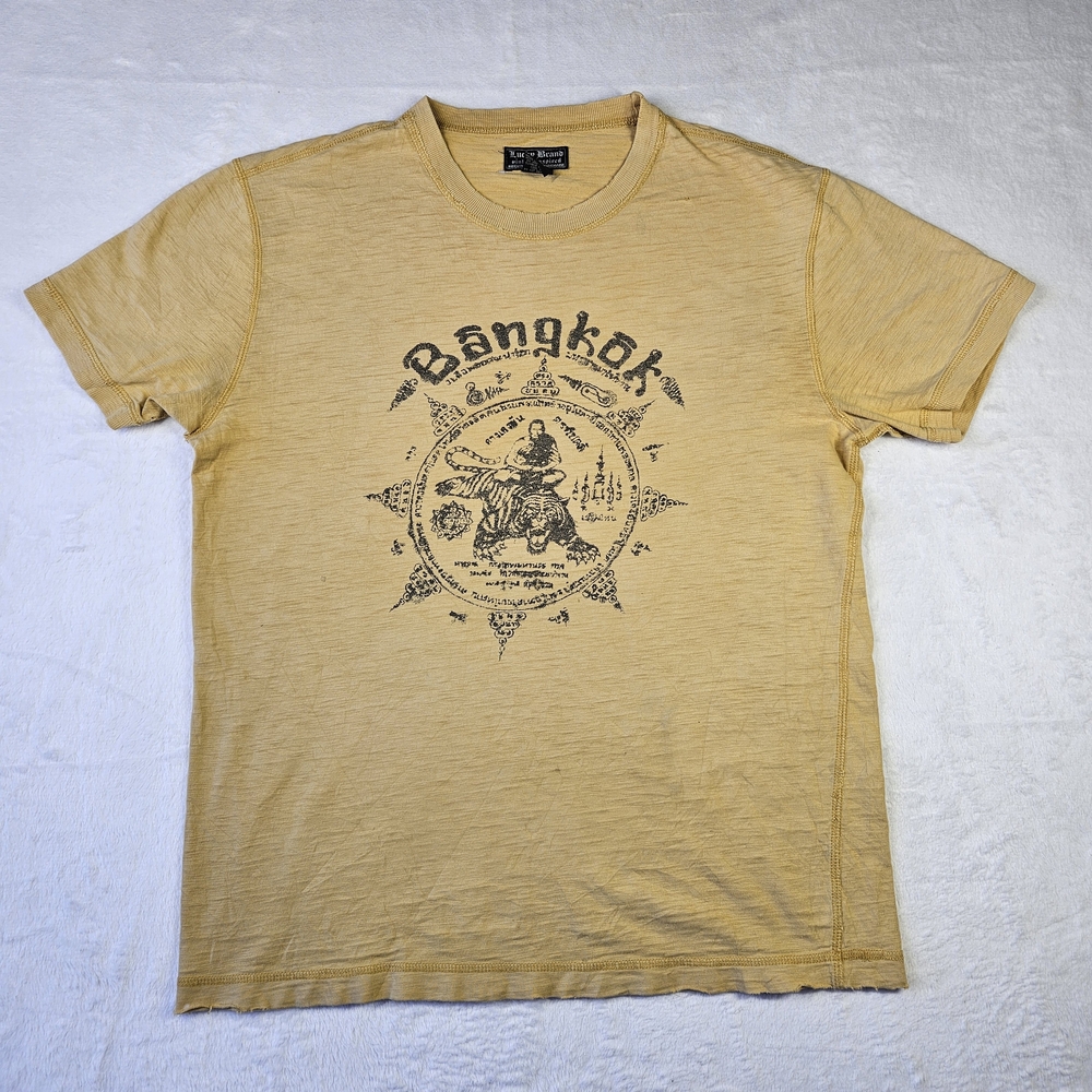 Lucky Brand Bangkok Graphic T Shirt Mens Small Yellow Vintage Style Cotton Tee